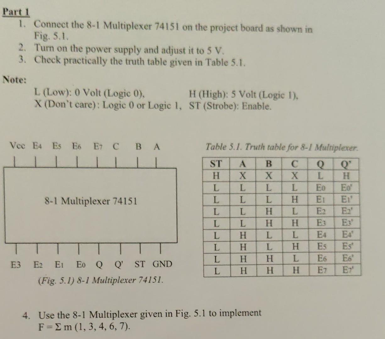 Solved Part 1 1. Connect the 8-1 Multiplexer 74151 on the