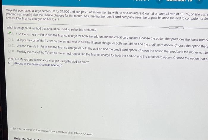 Solved Mayesha purchased a large screen TV for $4,000 and | Chegg.com