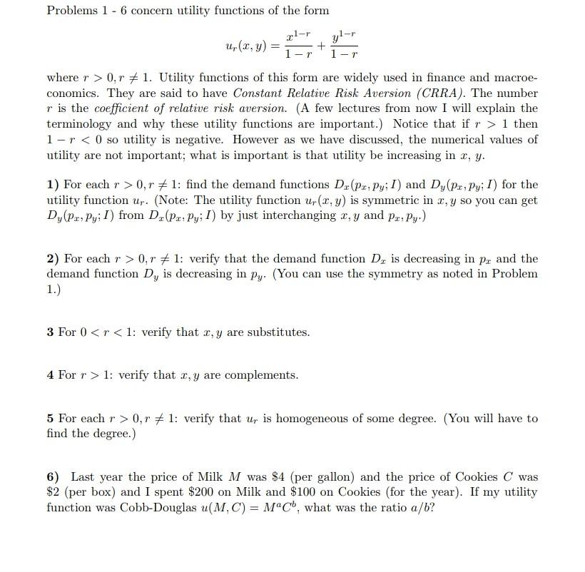 Solved Problems 1 - 6 concern utility functions of the form | Chegg.com