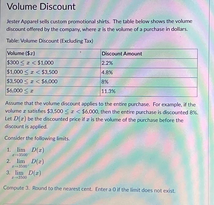 Solved Volume Discount Jester Apparel sells custom | Chegg.com