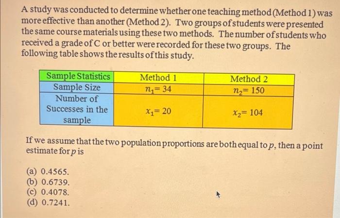 Solved A study was conducted to determine whether one | Chegg.com