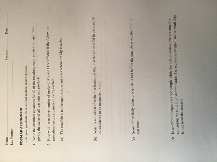Section Date Name Lab Partner POST-LAB ASSIGNMENT | Chegg.com