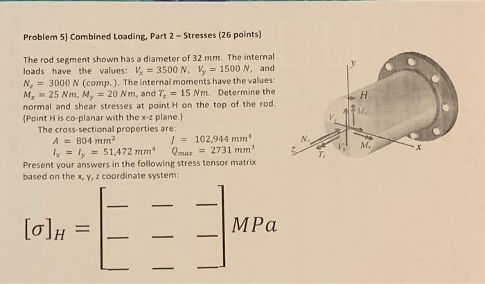 Solved Problem 5) Combined Loading, Part 2 - Stresses (26 | Chegg.com