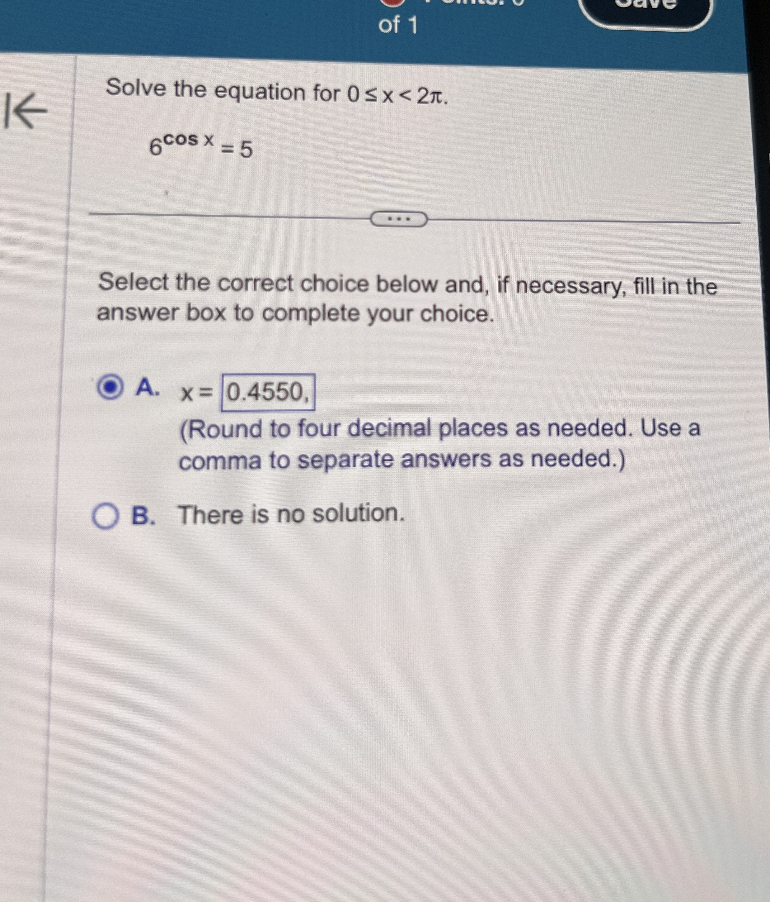 Solved of 1Solve the equation for 0≤x