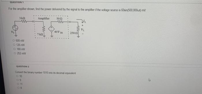 Solved QUESTION T For the amplifier shown, find the power | Chegg.com