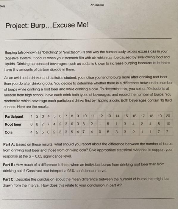 Solved 2021 AP Statistics Project: Burp... Excuse Me! | Chegg.com