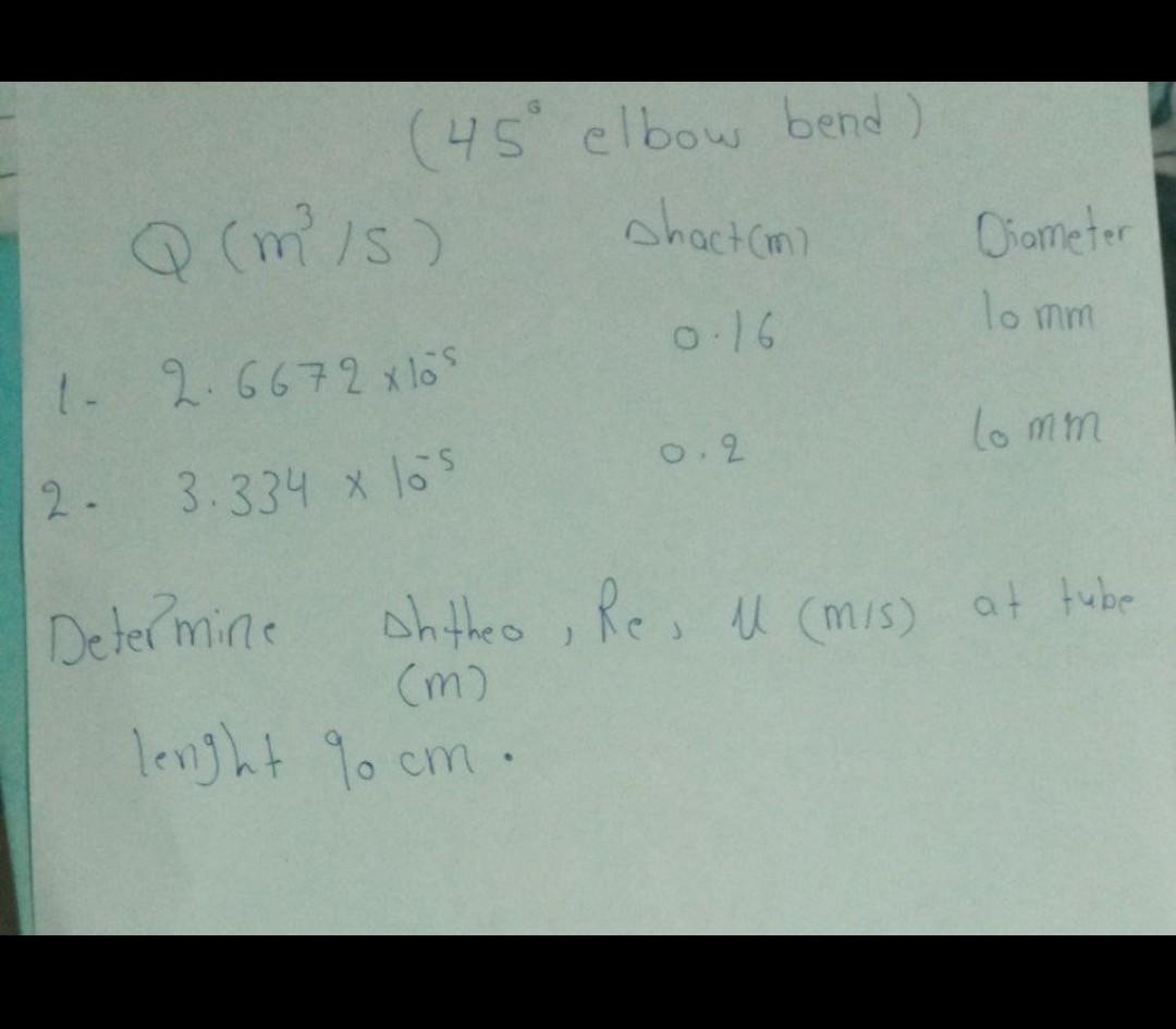 (45° elbow bend) Q (mis) shactcm Diameter lomm 1- 2.6672xlos lo mm 0.2 2. 3.334 x los Determine sh theo, Re, u (mis) at tube