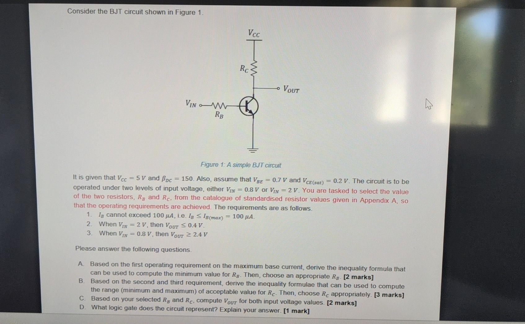 Solved Consider the BJT circuit shown in Figure 1. V cc Rc } | Chegg.com