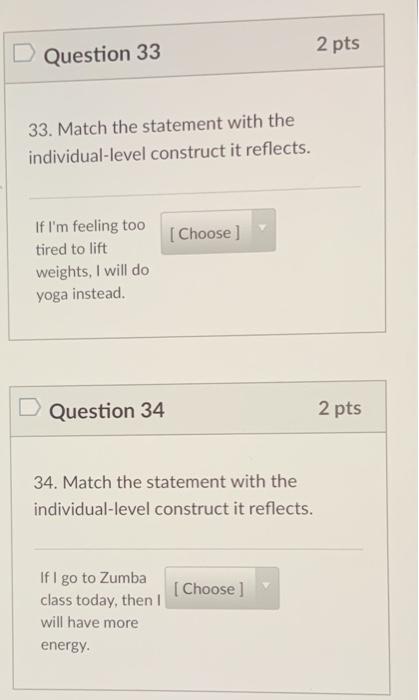 2 pts Question 33 33. Match the statement with the individual-level construct it reflects. [ Choose If Im feeling too tired