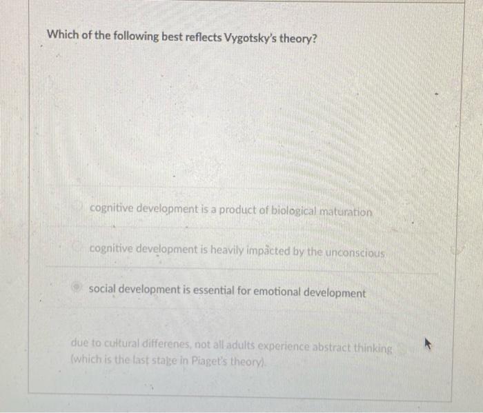 Solved Which of the following best reflects Vygotsky s Chegg