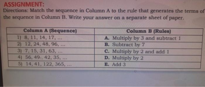 Solved ASSIGNMENT: Directions: Match the sequence in Column | Chegg.com