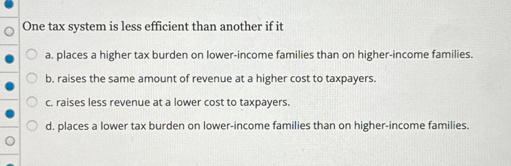 Solved One tax system is less efficient than another if ita. | Chegg.com