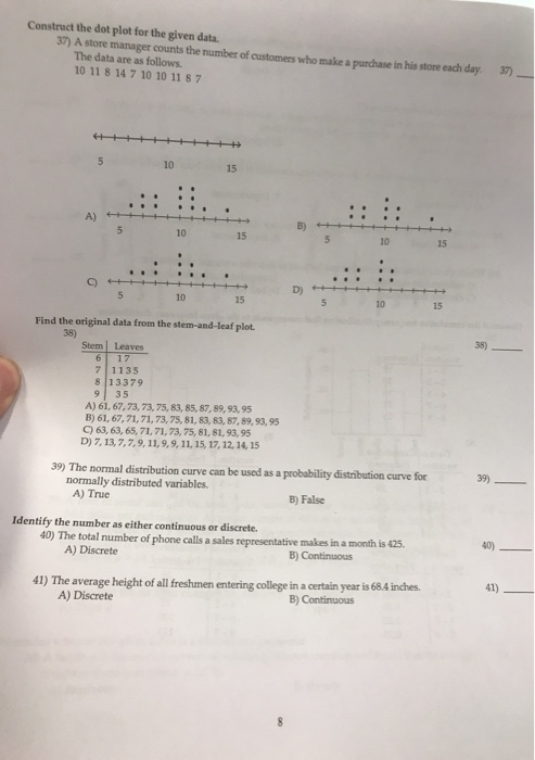 Solved Construct the dot plot for the given data. 37) A | Chegg.com