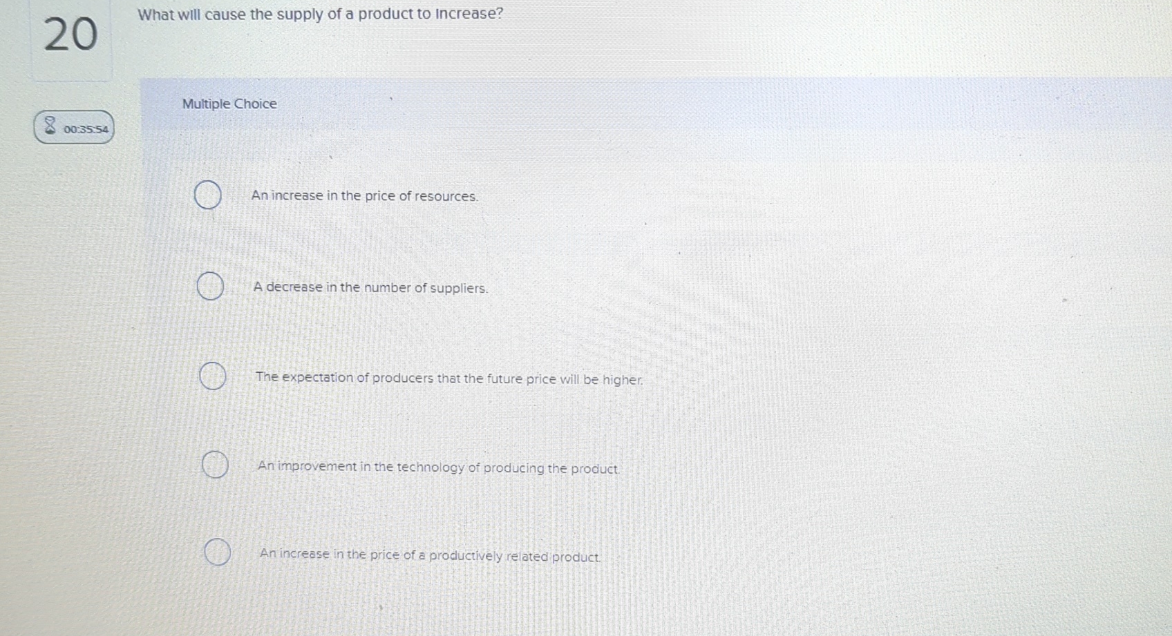 Solved 20What will cause the supply of a product to | Chegg.com