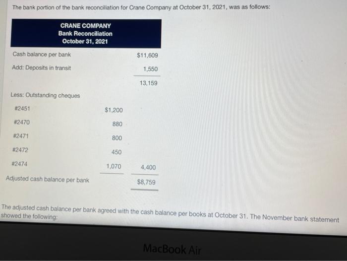 Solved The bank portion of the bank reconciliation for Crane