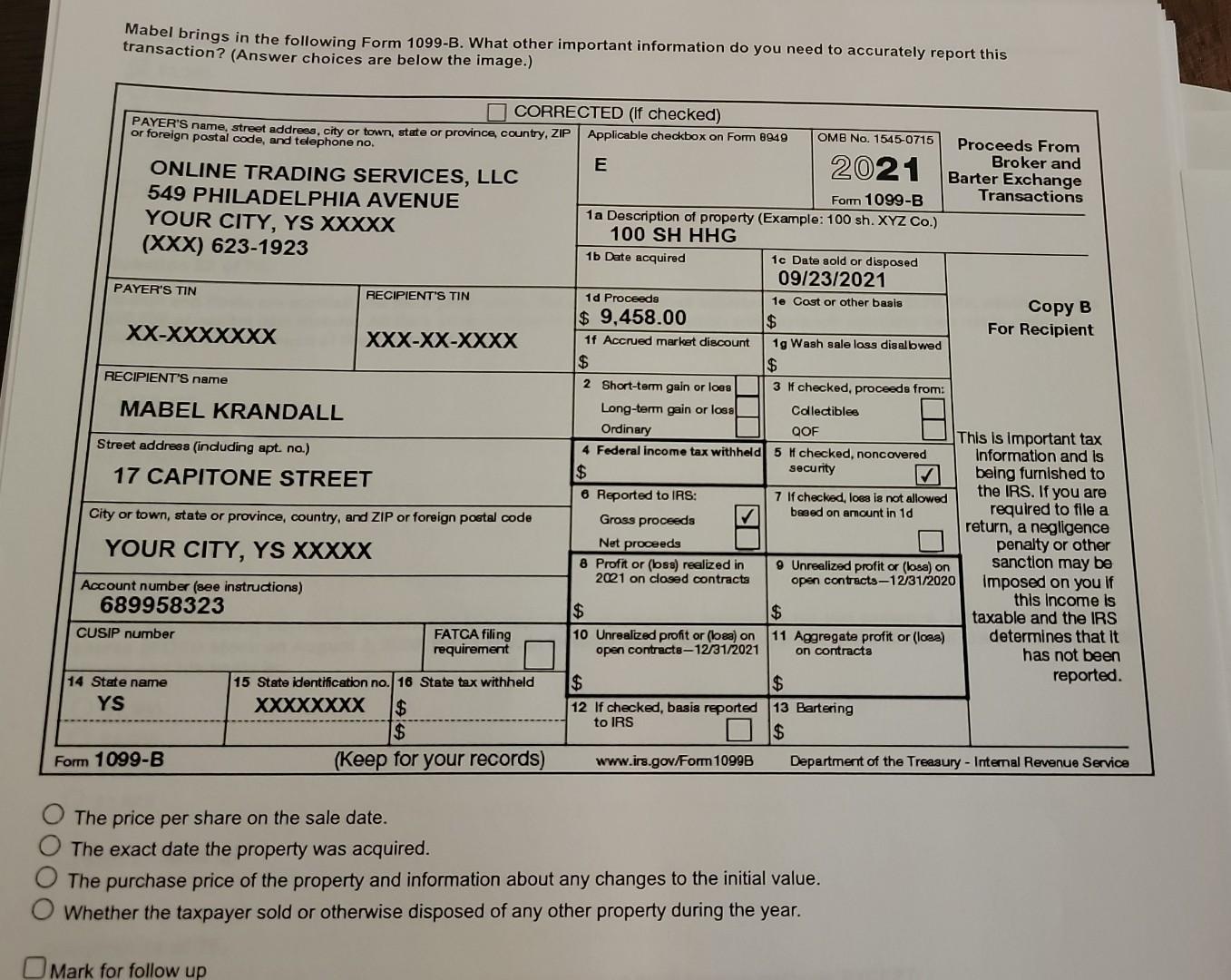 Mabel Brings In The Following Form 1099-B. What Other | Chegg.com