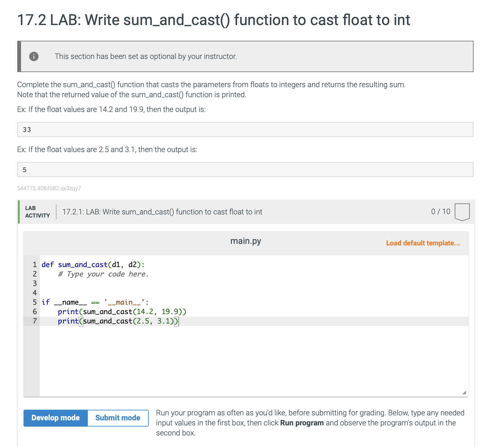 Solved 17.2 LAB: Write sum_and_cast() function to cast | Chegg.com