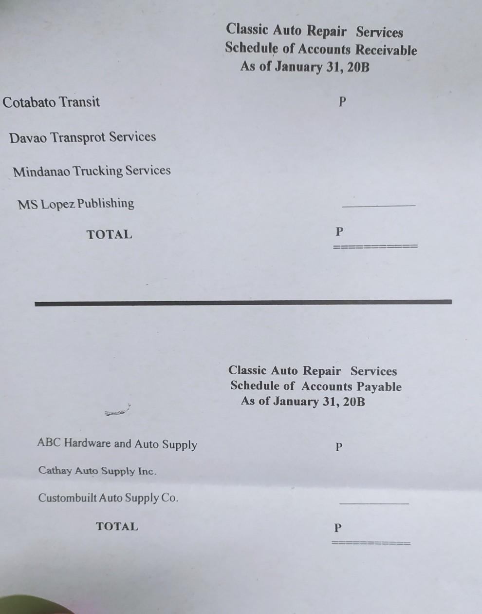 CLASSIC AUTO REPAIR SERVICES Worksheet For the month