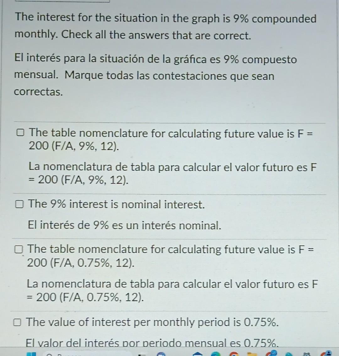 The interest for the situation in the graph is \( 9 \% \) compounded monthly. Check all the answers that are correct. El inte