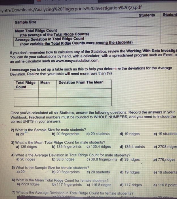Total Ridge Count Question Exercise 7: Summarizing Total Ridge Count With a | Chegg.com