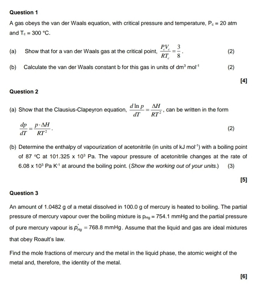 Solved Question 1 A gas obeys the van der Waals equation, | Chegg.com