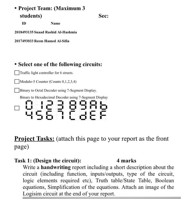 Solved Sec: • Project Team: (Maximum 3 students) ID Name | Chegg.com