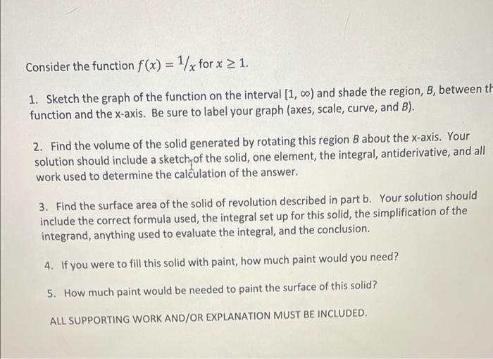 Solved Consider the function f(x) = 1/x for x 2 1. 1. Sketch | Chegg.com