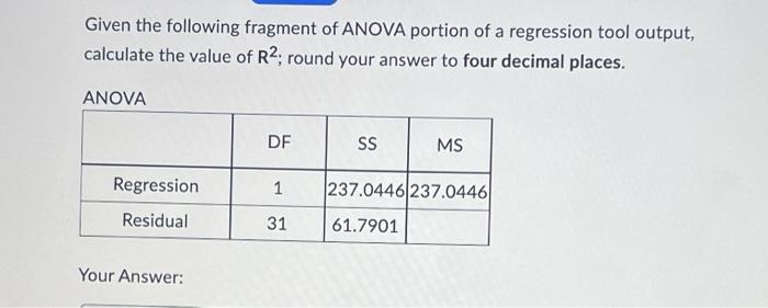 Solved Given the following fragment of ANOVA portion of a | Chegg.com