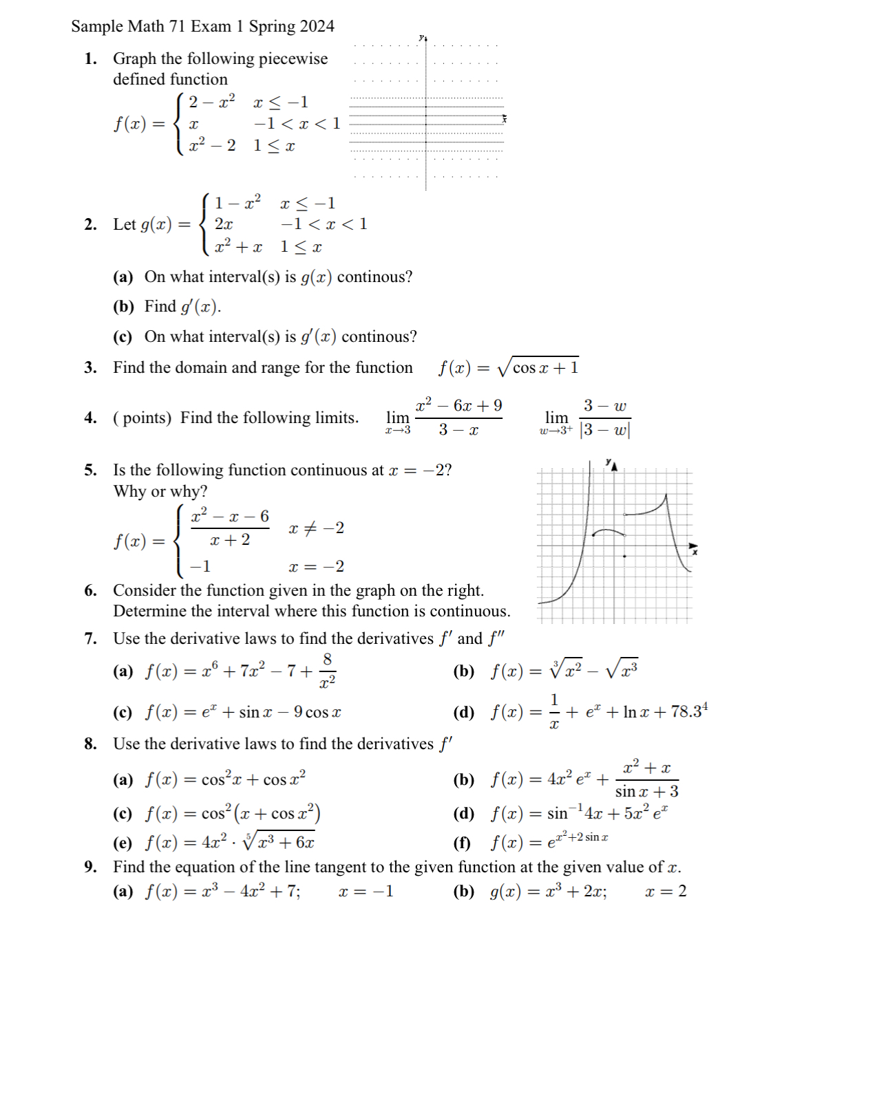 Solved Sample Math 71 ﻿Exam 1 ﻿Spring 2024Graph the | Chegg.com