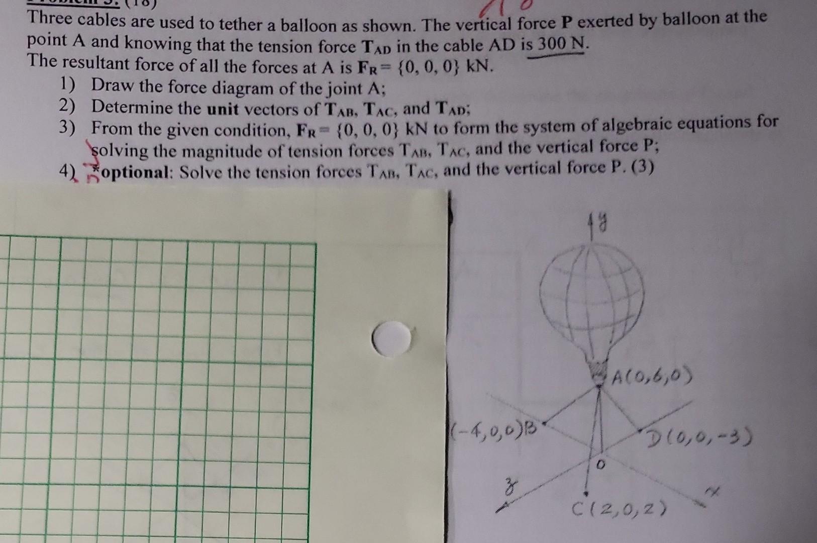 Three cables are used to tether a balloon as shown. The vertical force \( \mathbf{P} \) exerted by balloon at the point \( A 