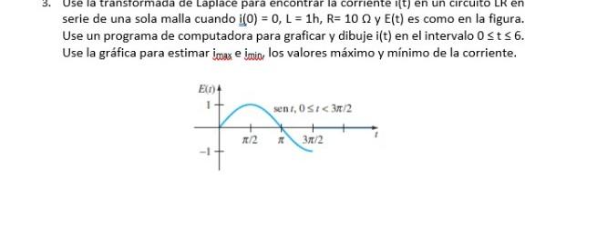 serie de una sola malla cuando \( \underline{\underline{i}(0)}=0, L=1 h, R=10 \Omega \) y \( E(t) \) es como en la figura. Us