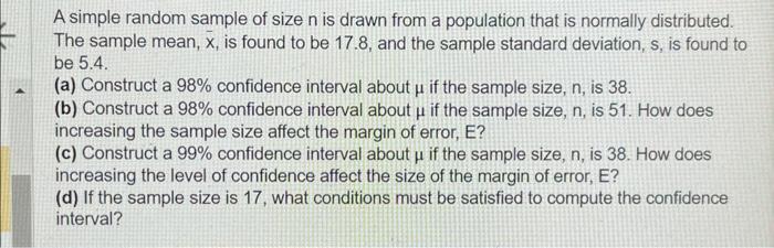 Solved A simple random sample of size n is drawn from a | Chegg.com