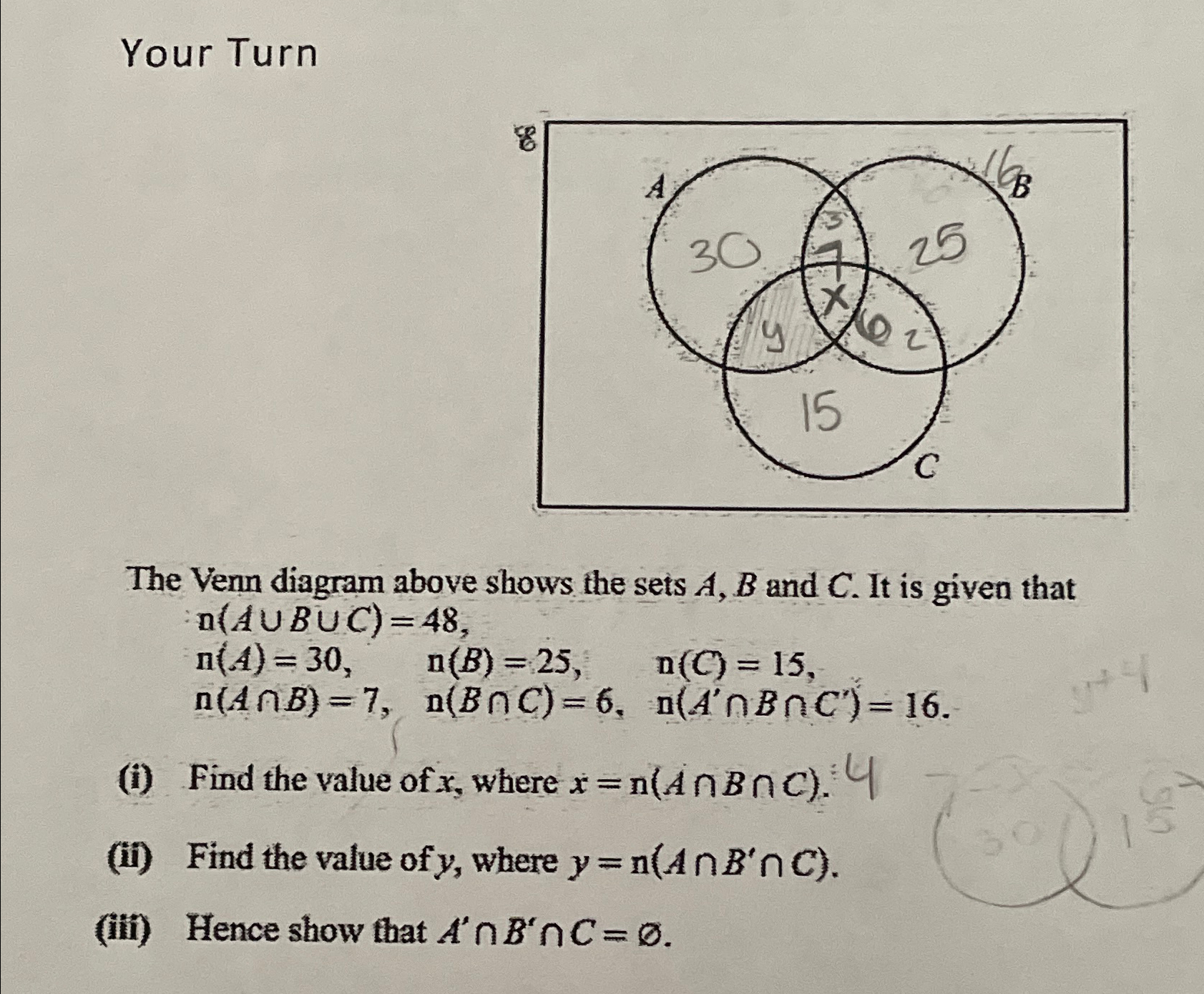 Solved Your TurnThe Venn diagram above shows the sets A,B | Chegg.com