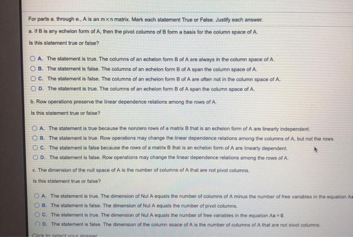 Solved For parts a through e. A is an mxn matrix. Mark each