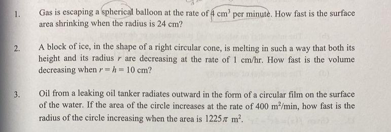 Solved 1. Gas is escaping a spherical balloon at the rate of | Chegg.com