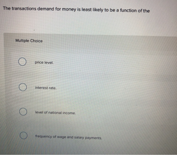 Solved The transactions demand for money is least likely to | Chegg.com