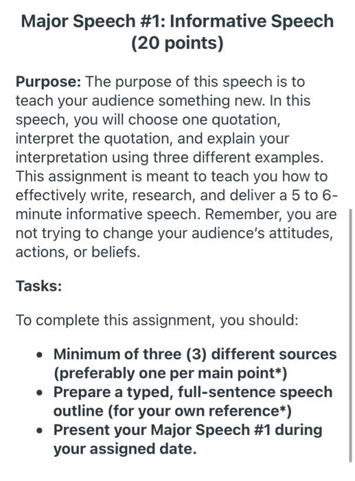 Solved Major Speech #1: Informative Speech (20 points) | Chegg.com