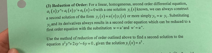 Solved (3) Reduction of Order: For a linear, homogeneous, | Chegg.com