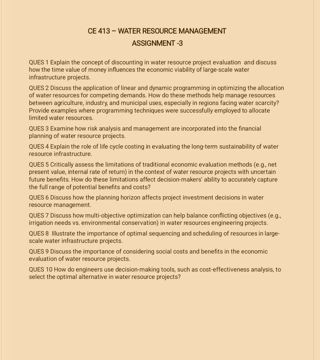 Solved CE 413 - ﻿WATER RESOURCE MANAGEMENTASSIGNMENT -3QUES | Chegg.com
