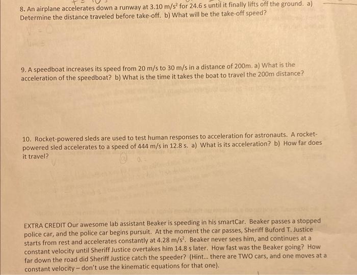 Solved 8. An airplane accelerates down a runway at 3.10 m/s2 | Chegg.com