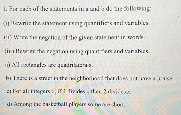 Solved 1. For Each Of The Statements In A And B Do The 