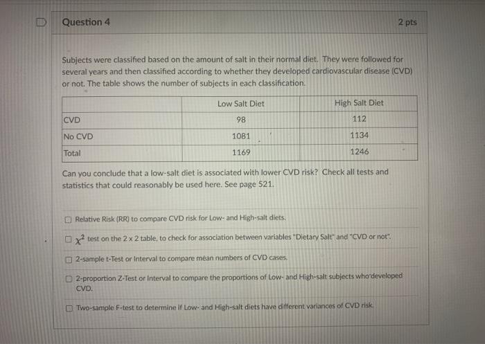 Solved Question 4 2 pts Subjects were classified based on | Chegg.com
