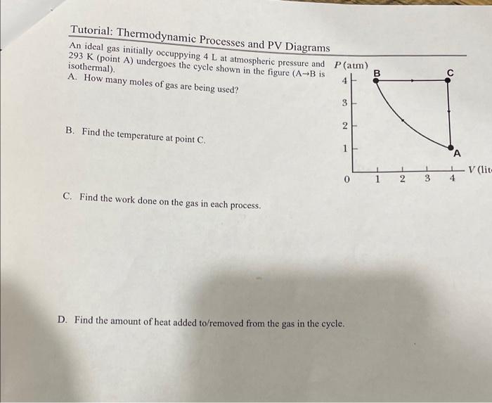 Tutorial: Thermodynamic Processes and PV Diagrams An ideal gas initially occuppying \( 4 \mathrm{~L} \) at atmospheric pressu