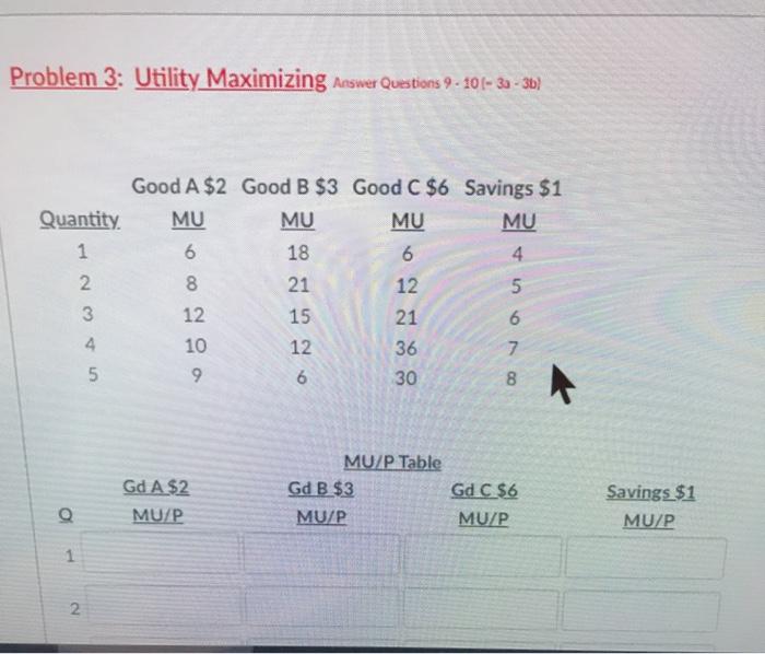Solved Problem 3: Utility Maximizing Answer Questions 9 - | Chegg.com