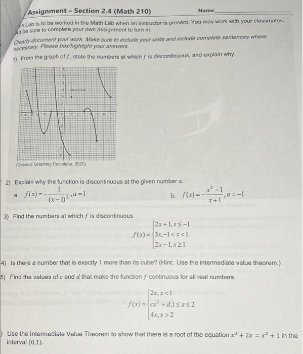 Solved Assignment - Section 2.4 (Math 210) Name is Lab is to | Chegg.com