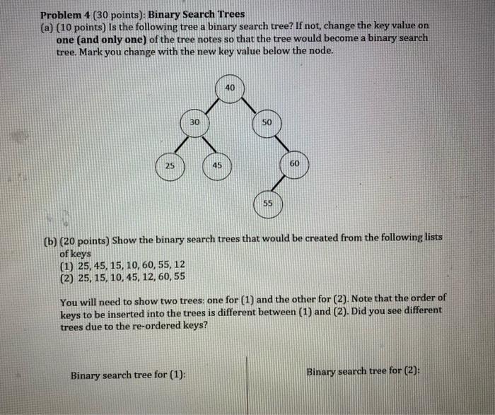 Solved Problem 4 (30 points): Binary Search Trees (a) (10 | Chegg.com