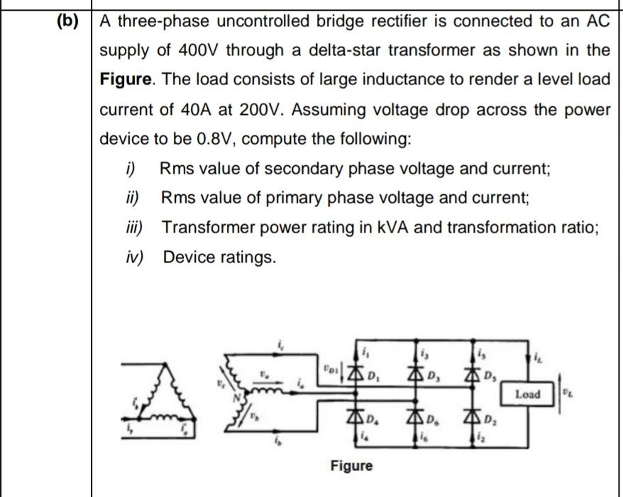 Solved (b) A three-phase uncontrolled bridge rectifier is | Chegg.com