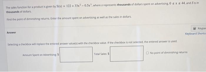 Solved The sales function for a product is given by | Chegg.com