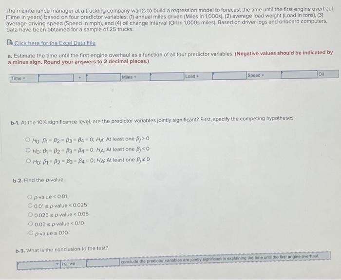 Solved The maintenance manager at a trucking company wants | Chegg.com