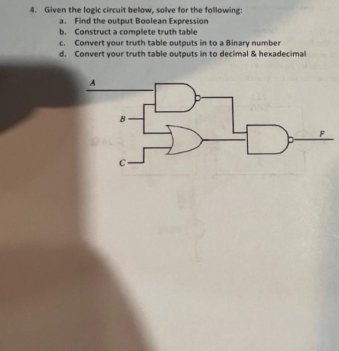 Solved 4. Given the logic circuit below, solve for the | Chegg.com